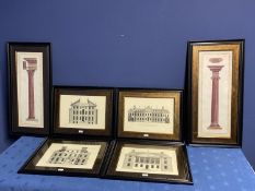 Set of 6 , 4 +2, Adam style architectural prints, in black and gilt glazed frames, tall pair 65 x