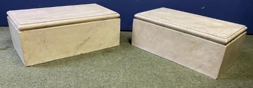 A pair of solid pedestal stands, in a cream/green mottled colour, 21cmH x 54cmW