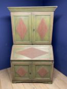 A decorative, pine, Graham Carr green painted bureau with bookcase over; 113cmW x 190cmH (note: