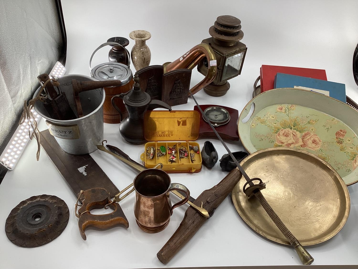 Quantity of collectables including metal wares, trays, brass, globe etc, see images - Image 2 of 4