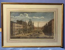 An C19th coloured etching print of a European city in a gilt glazed frame, 26 x 41cm