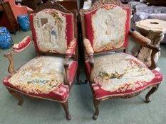 Pair of good French show framed arm chairs, upholstered in a tapestry back seat and arms, on