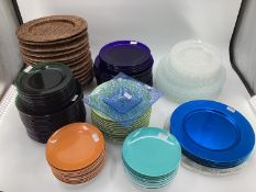 Quantity of modern kitchen plates, blue, green and frosted, see images for details, some