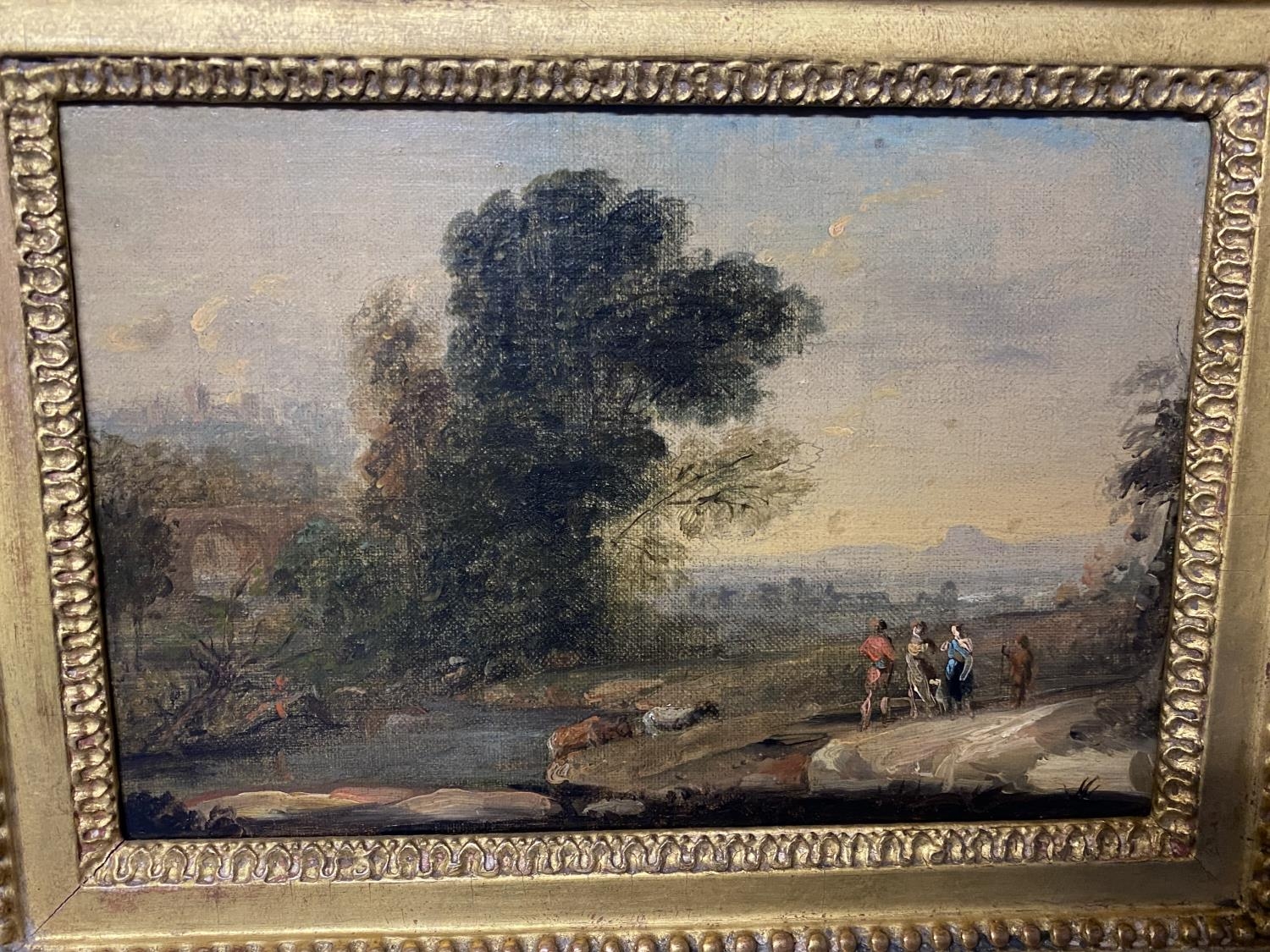 An C18th Italian school, Figures in a Romantic Landscape, oil on canvas, in a gilt frame, 13.5 x - Image 3 of 4