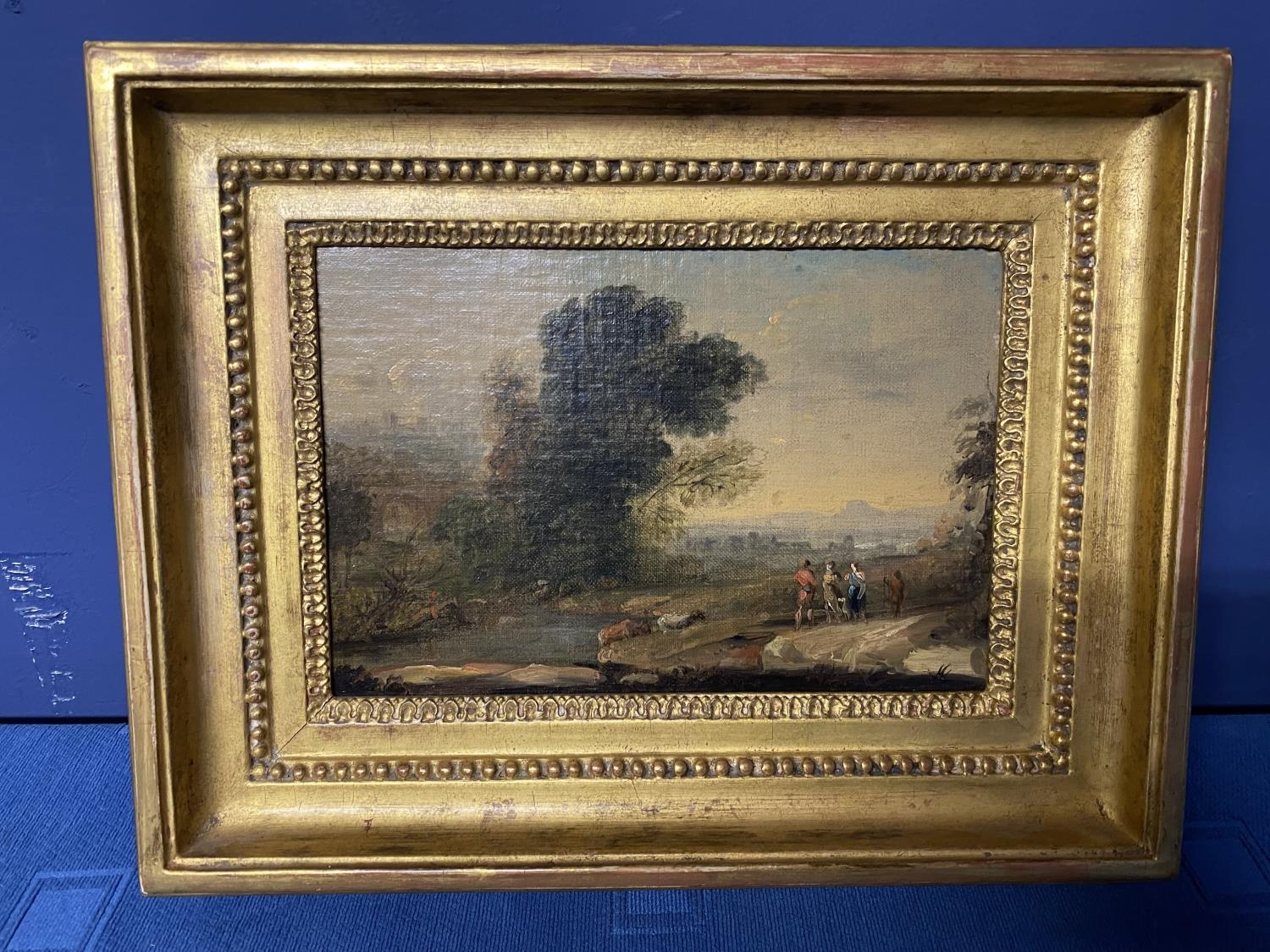 An C18th Italian school, Figures in a Romantic Landscape, oil on canvas, in a gilt frame, 13.5 x - Image 2 of 4