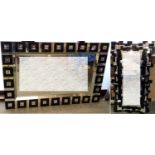 2 modern mirrors: A large C20th overmantel mirror, rectangular bevelled plate with geometric glass