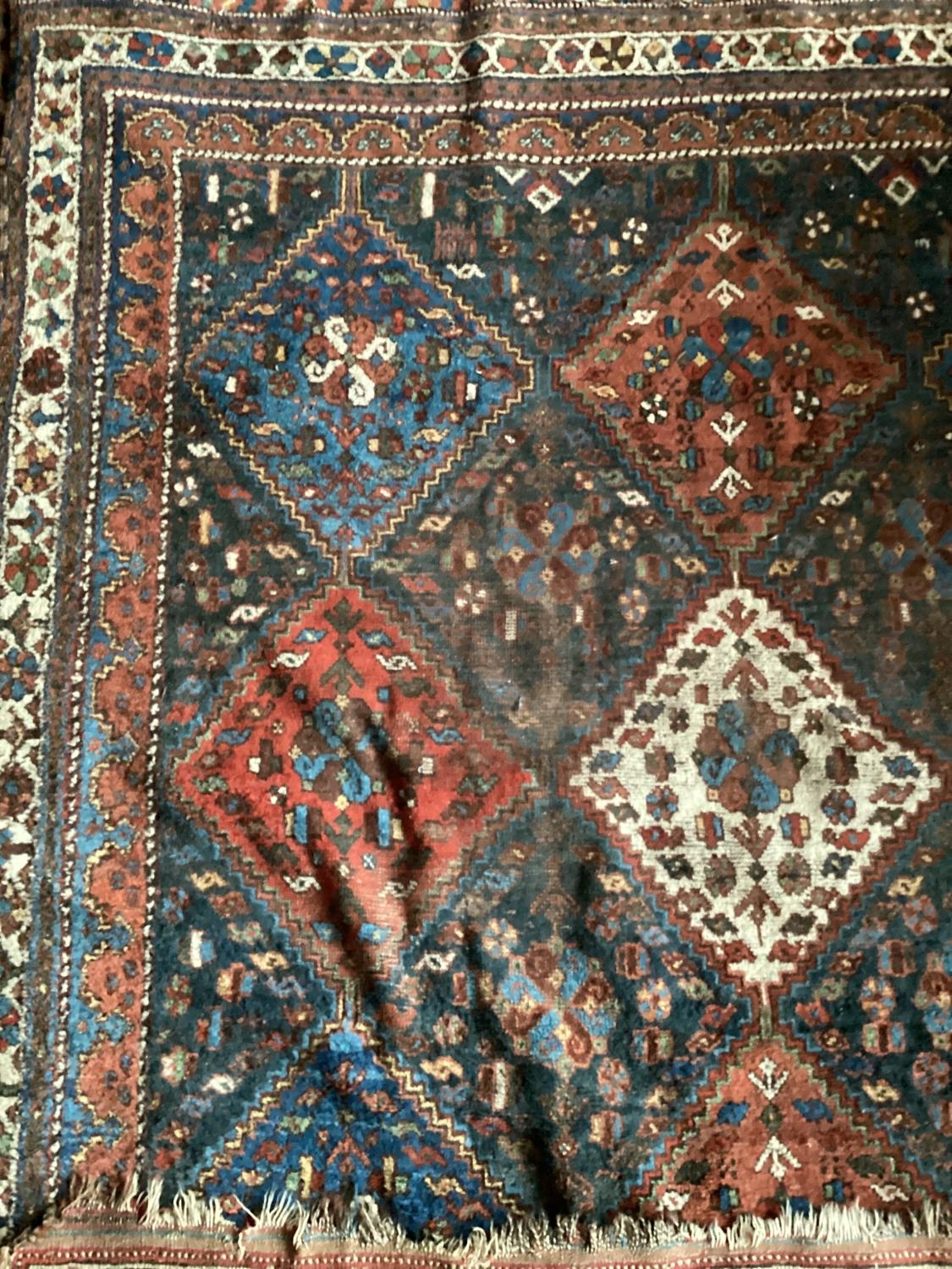 Three antique rugs, all in worn condition, and as found, see images. Largest is 208 x 315; 158 x - Image 2 of 2