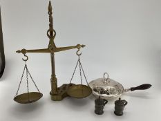 Brass scales and pewter, and a Mappin and Webb warming pan with wooden handle