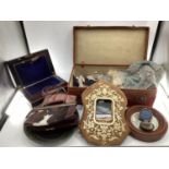leather suitcase, boxes, mirrors, vintage leather goods, writing slope, frames etc