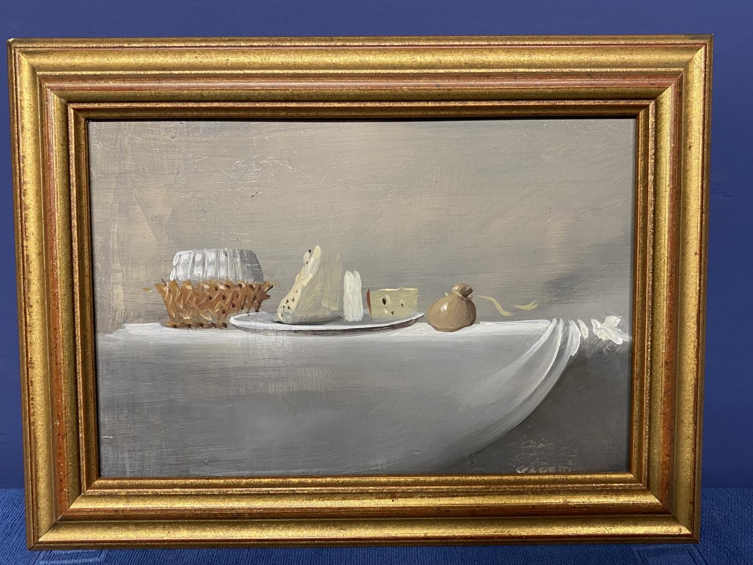 A still life oil on canvas interior scene in gilt frame, 15.5 cm x 23cm - Image 2 of 4