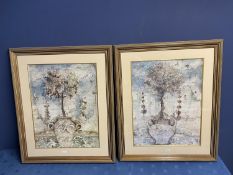A pair of Contemporary framed and glazed pictures of trees, in classical urns , signed Brandon, 81 x