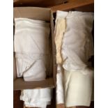 Box of vintage linen and table cloths, and napkins, all as found from house clearance