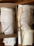 Box of vintage linen and table cloths, and napkins, all as found from house clearance