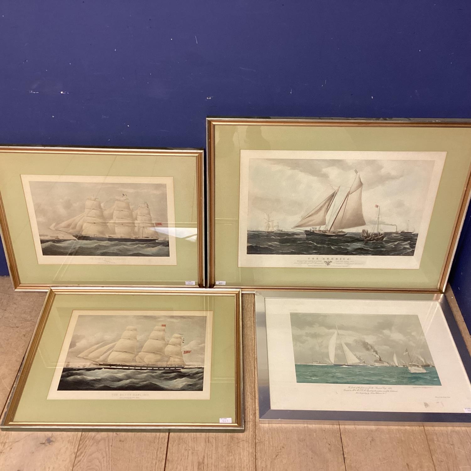 A set of matching framed glazed and mounted prints of Yachts, The America, The Betty Darling, The