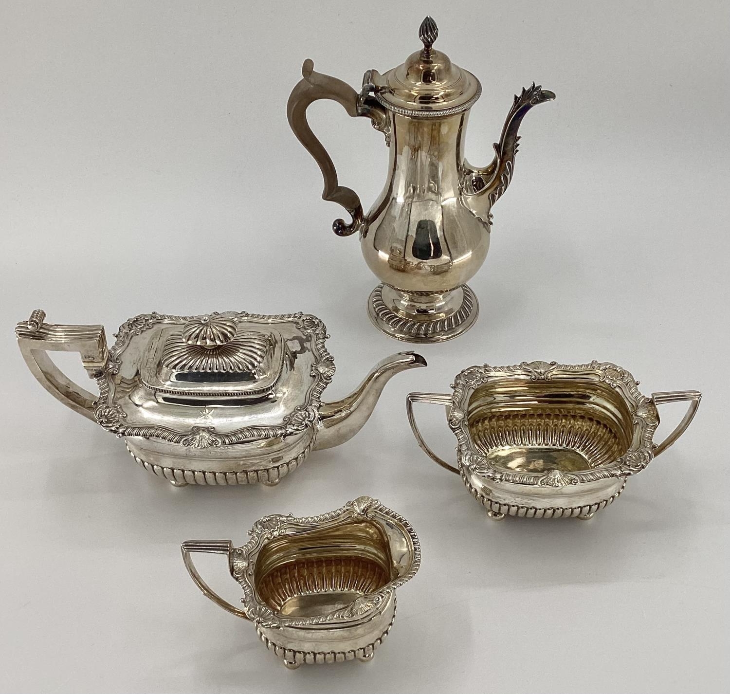 A sterling silver 3 piece tea set of half reeded design by JW Story and W Elliot, Lon