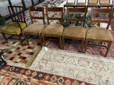 Set of 4, plus an associated arm chair, mahogany and string inlaid dining chairs with slat back