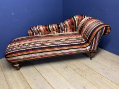 Chaise Longue, in a striped silk fabric, some sagging to the-upholstery and one foot needs re-