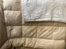 Quilted eiderdown, (some stains) 190 x 175cm; 6 off white bedspreads, double and singles, some