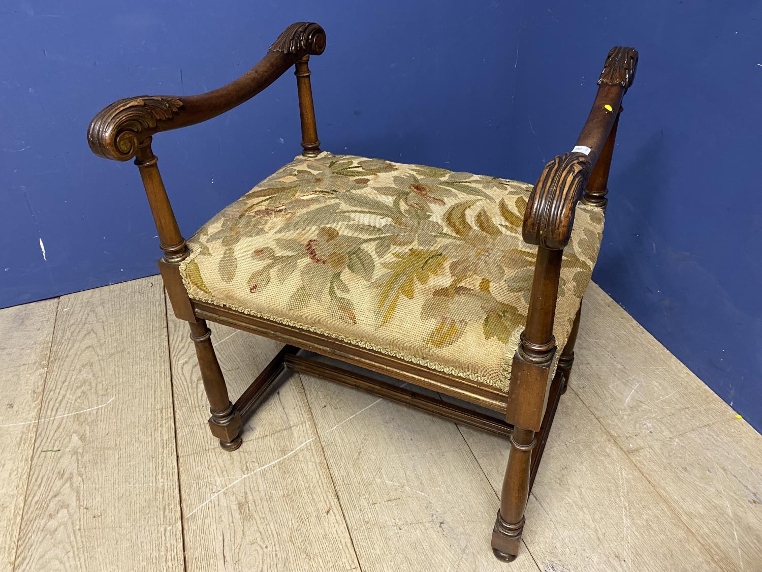 A mahogany framed piano stool, upholstered tapestry seat and a Walnut square framed stool, with - Image 2 of 6