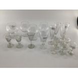 4 brandy balloons engraved racing scenes and 13 other port and sherry glasses