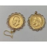 Pair of Melbourne Mint George V gold Sovereigns, in 9 ct bezel mounts 19.18g