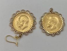 Pair of Melbourne Mint George V gold Sovereigns, in 9 ct bezel mounts 19.18g