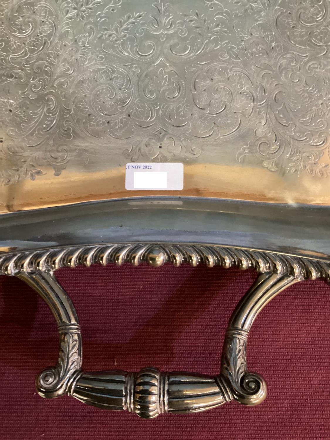 A large oblong silver plated tray, cast border, chased decoration with loop handles 69 cm x 41 cm, - Image 24 of 25