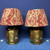 Pair of of Chinoiserie tin lamp bases, decorated oriental figures, and a pair of good OKA pleated