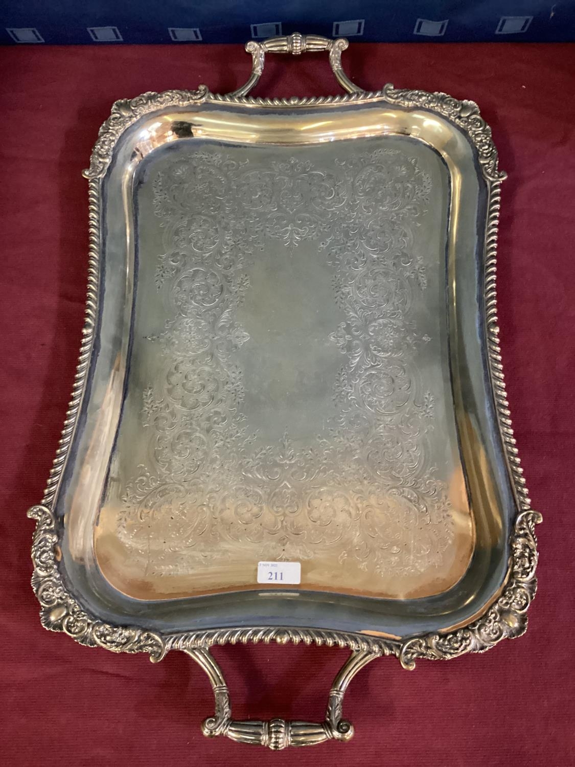 A large oblong silver plated tray, cast border, chased decoration with loop handles 69 cm x 41 cm, - Image 22 of 25