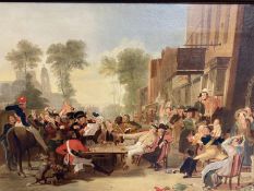 A C19th oil of military interest, street scene, unsigned, in gilt frame, 50 x 71cm