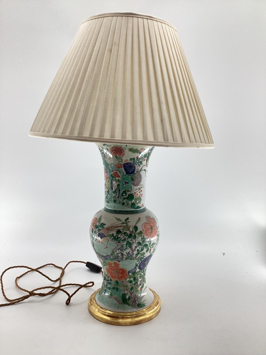 A good Chinese style Famille verte pattern lamp with cream pleated shade, lamp 46cmH