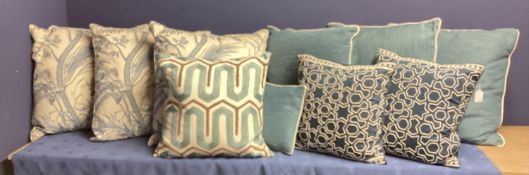 Ten good cushions, in blues and whites patterns, including a pair of Navy with white stars by