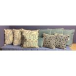 Ten good cushions, in blues and whites patterns, including a pair of Navy with white stars by