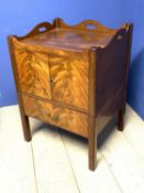 A George III figured mahogany tray top commode, 64w x 85cmH and a modern low tray top table on stand