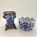 Decorative Modern Blue and White China: a large scalloped fluted edge planter 19cm high, and a