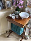 Mahogany and satinwood sewing table, with green pleated silk bag to base, and fitted interior