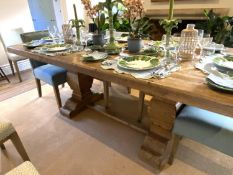 A good quality heavy contemporary oblong refectory table with segmented pattern top, 6.5cm thick;