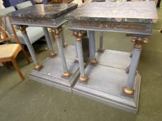Pair of decorative plinth console display tables, each with hardstone tops, gilt brass decoration