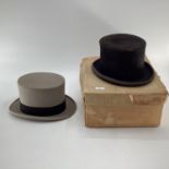 Grey top hat size 7 1/8 and a black felt hunting top hat size 7 1/8