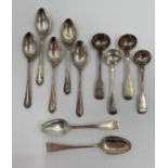 A collection of sterling silver tea spoons and a set of four Georgian mustard spoons, 142g AND A