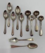 A collection of sterling silver tea spoons and a set of four Georgian mustard spoons, 142g AND A