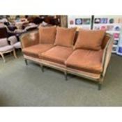 C19th show frame 3 seater sofa, raised on fluted tapering feet 199 x 84 x 86cm