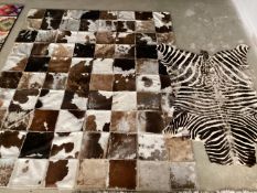 Two rugs: zebra 130x198cm slightly worn, not backed cowhide patchwork rug 202cm x 163cm worn in