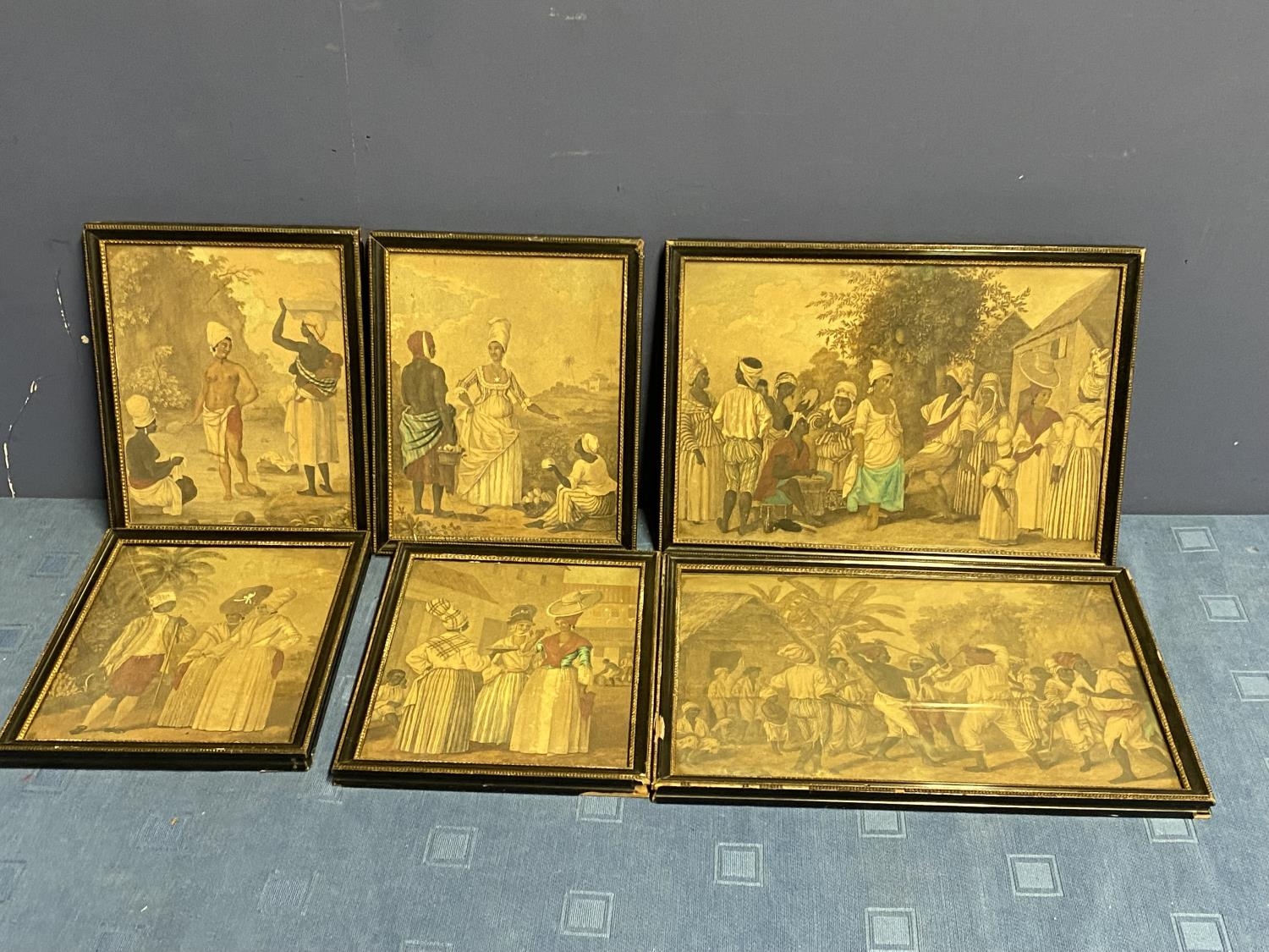 Six framed and glazed prints, of late C19th native characters in street scenes, with much wear to