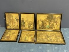 Six framed and glazed prints, of late C19th native characters in street scenes, with much wear to