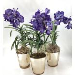 Three impressive faux flowers, of purple orchid arrangements in glass containers, and mirrored