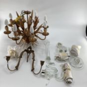 A brass style 8 branch ceiling chandelier, a wall sconce, and a glass chandelier, as found - some