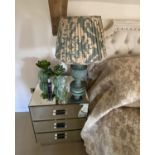 Four pieces of mirrored furniture: pair of 3 drawer mirrored bedside tables, a small narrow 4 drawer