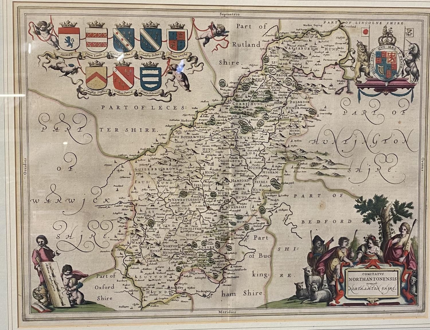 A framed double sided hand coloured map of Northamptonshire with framed glazed text verso with one - Image 2 of 9