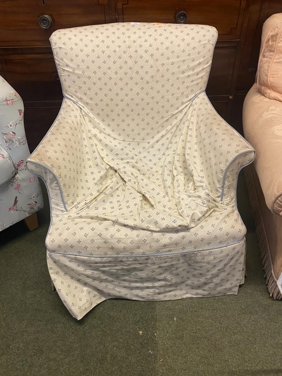 Small upholstered bedroom chair, as found, and two circular chip board tables with glass tops, and - Image 2 of 2